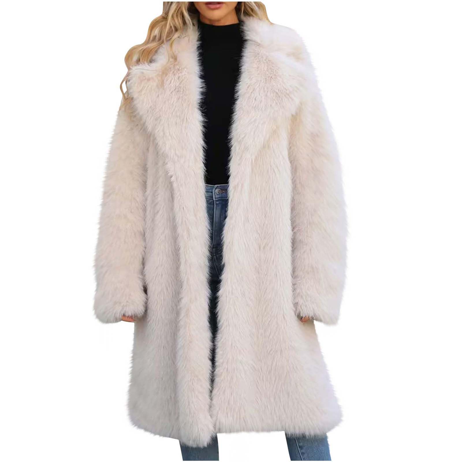 Manteau en fourrure pour femme - Longue veste polaire pour femme - Manteau long en fausse fourrure - Cardigan chaud et épais - Parka d'hiver tendance décontractée - Col à revers épais - Manteau