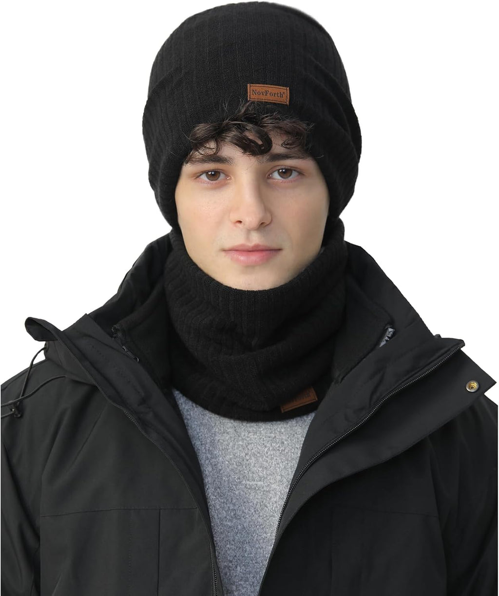 NovForth Ensemble bonnet et cache-cou - Bonnet tricoté et écharpe tubulaire avec polaire - Bonnet d'hiver en laine pour femme, homme, adolescent - Cache-cou pour ski, cyclisme, course, promenade