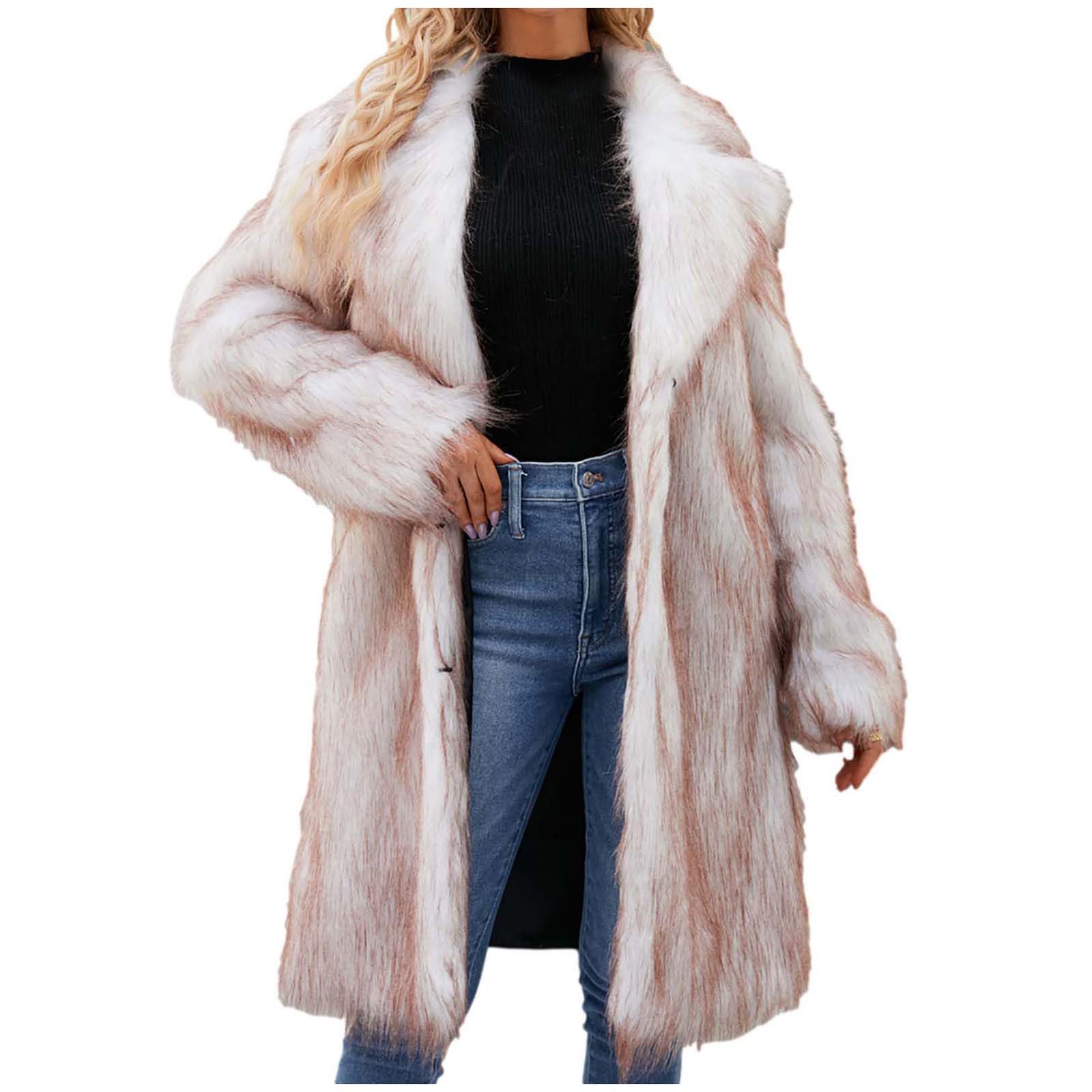 Manteau en fourrure pour femme - Longue veste polaire pour femme - Manteau long en fausse fourrure - Cardigan chaud et épais - Parka d'hiver tendance décontractée - Col à revers épais - Manteau