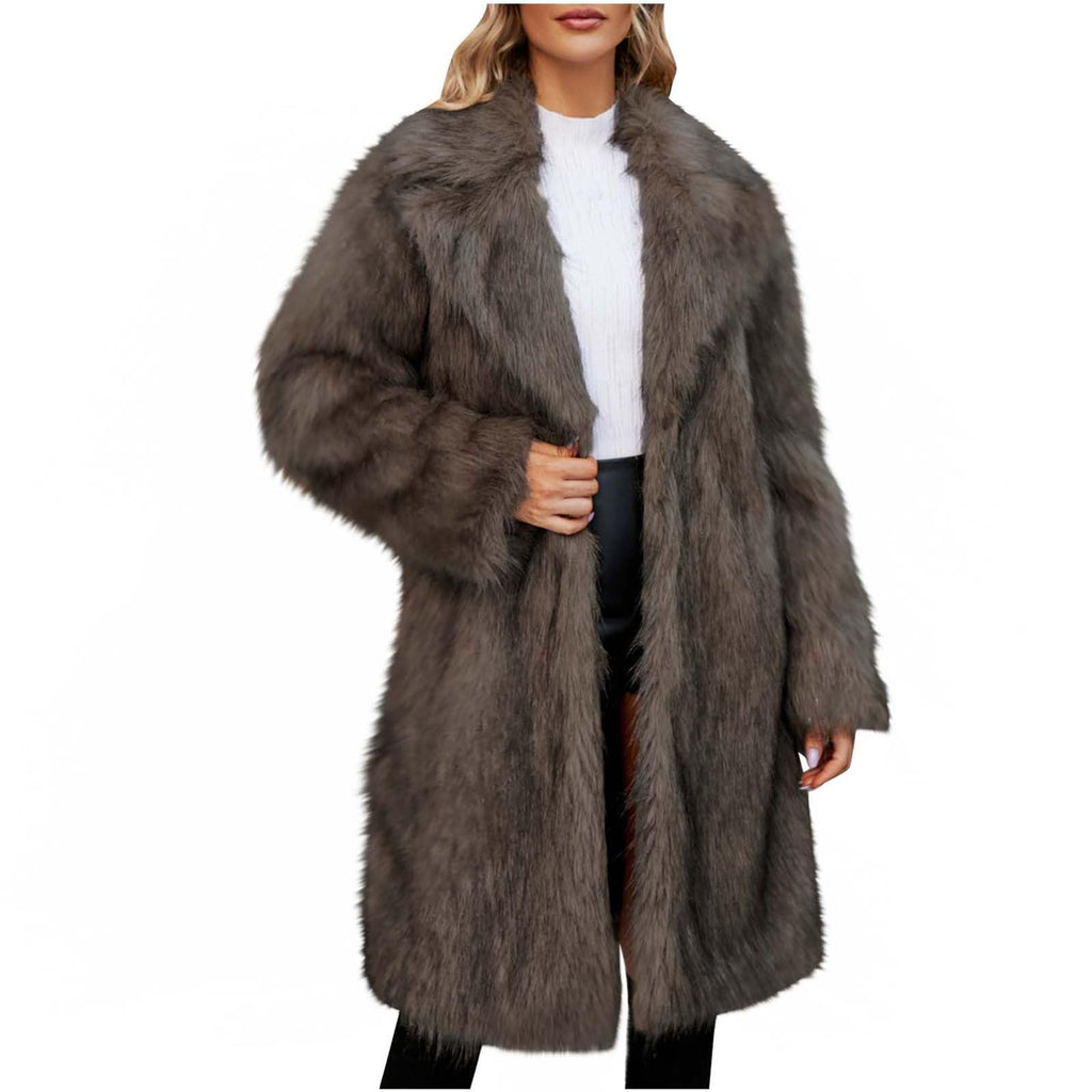 Manteau en fourrure pour femme - Longue veste polaire pour femme - Manteau long en fausse fourrure - Cardigan chaud et épais - Parka d'hiver tendance décontractée - Col à revers épais - Manteau