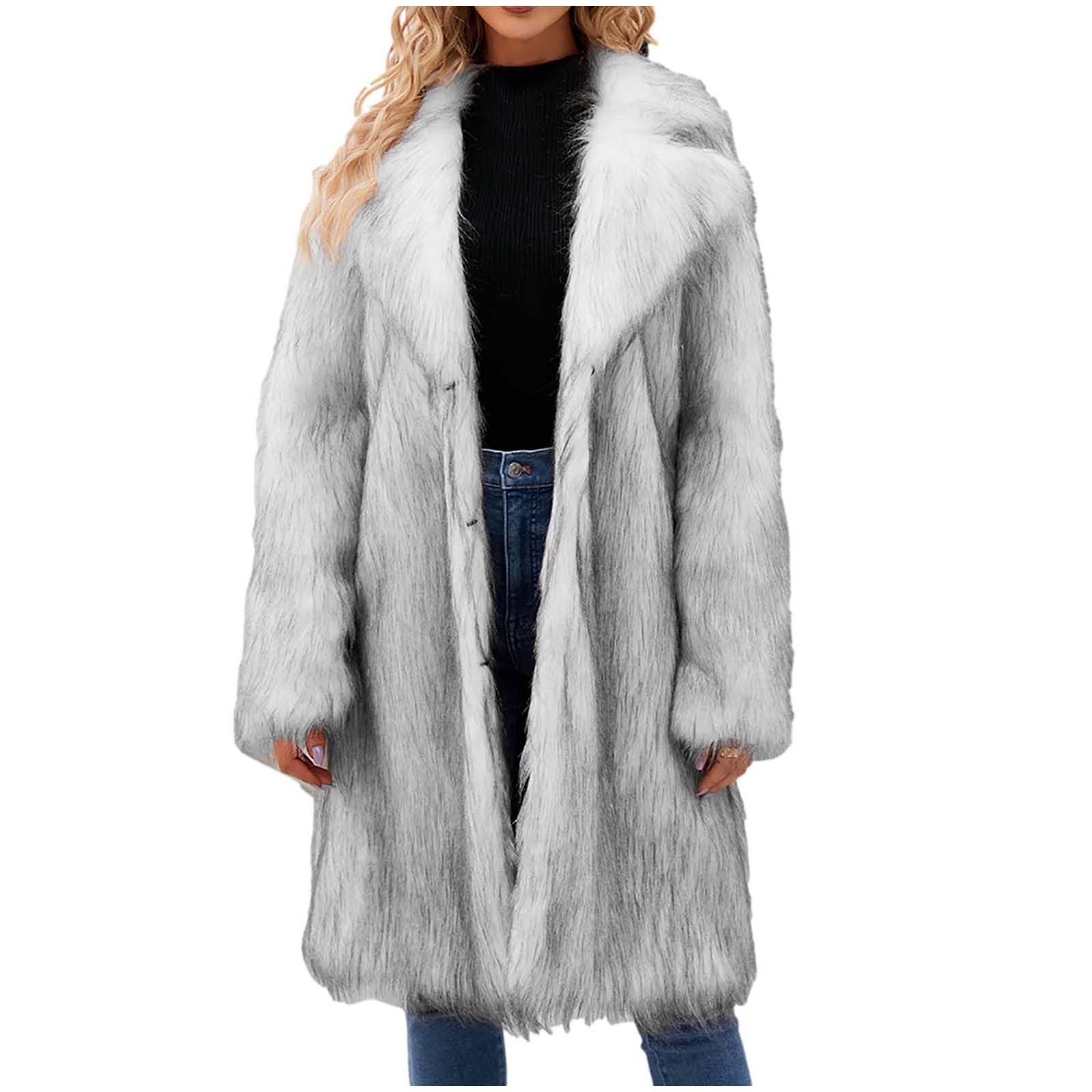 Manteau en fourrure pour femme - Longue veste polaire pour femme - Manteau long en fausse fourrure - Cardigan chaud et épais - Parka d'hiver tendance décontractée - Col à revers épais - Manteau