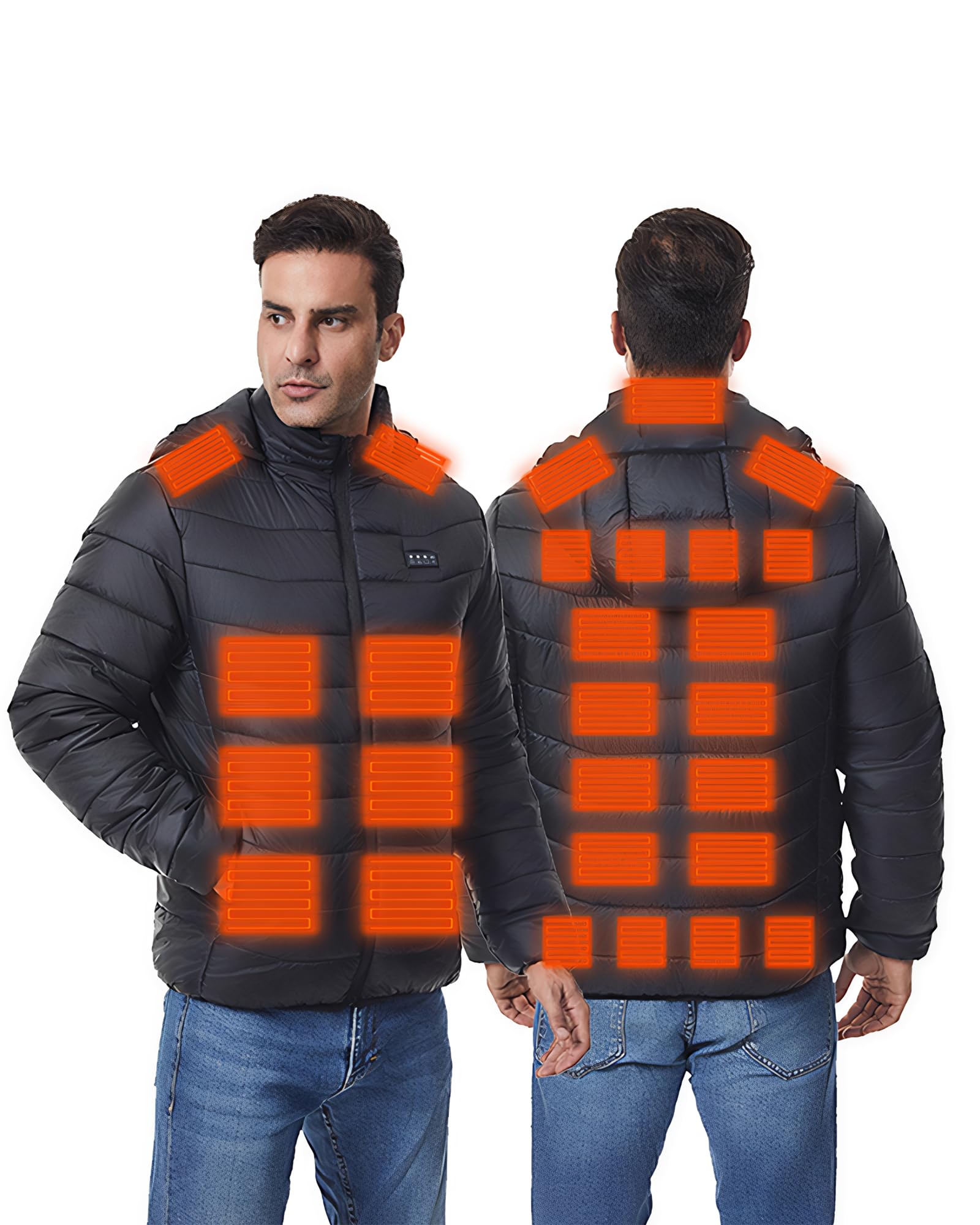 Monave Veste Chauffante Homme Femme Doudoune Chauffante avec 27 Coussins Chauffants en Fibre de Carbone, 3 Niveaux de Température pour Pêche Ski Activités de Plein Air(Pas de batterie incluse)
