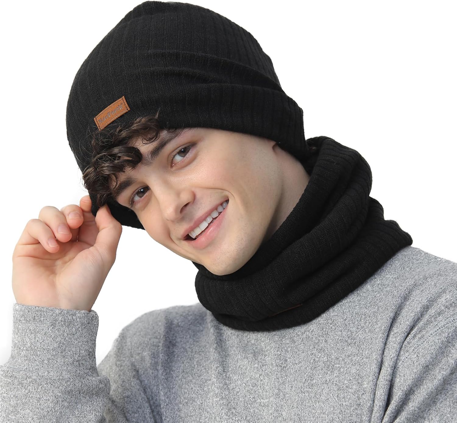 NovForth Ensemble bonnet et cache-cou - Bonnet tricoté et écharpe tubulaire avec polaire - Bonnet d'hiver en laine pour femme, homme, adolescent - Cache-cou pour ski, cyclisme, course, promenade