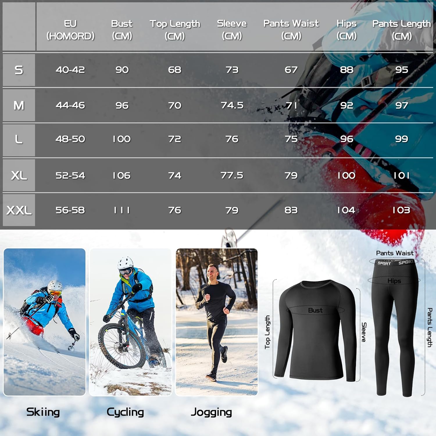 sous Vetement Thermique Homme, Ensemble de sous-Vêtement Ski Grand Froid - Homme à Manches Longues Couche de Base Haut et Pantalon Chaud sous Vetement Hiver pour Ski Moto Sport