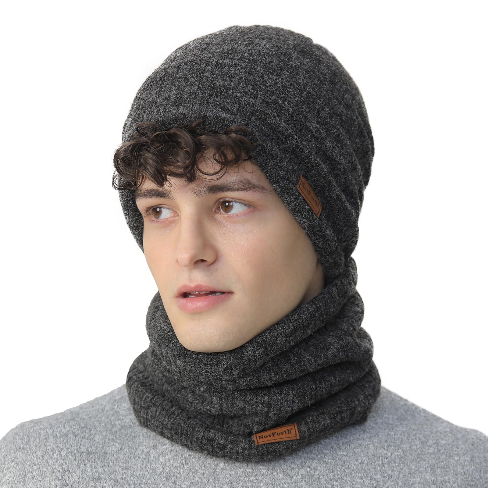 NovForth Ensemble bonnet et cache-cou - Bonnet tricoté et écharpe tubulaire avec polaire - Bonnet d'hiver en laine pour femme, homme, adolescent - Cache-cou pour ski, cyclisme, course, promenade