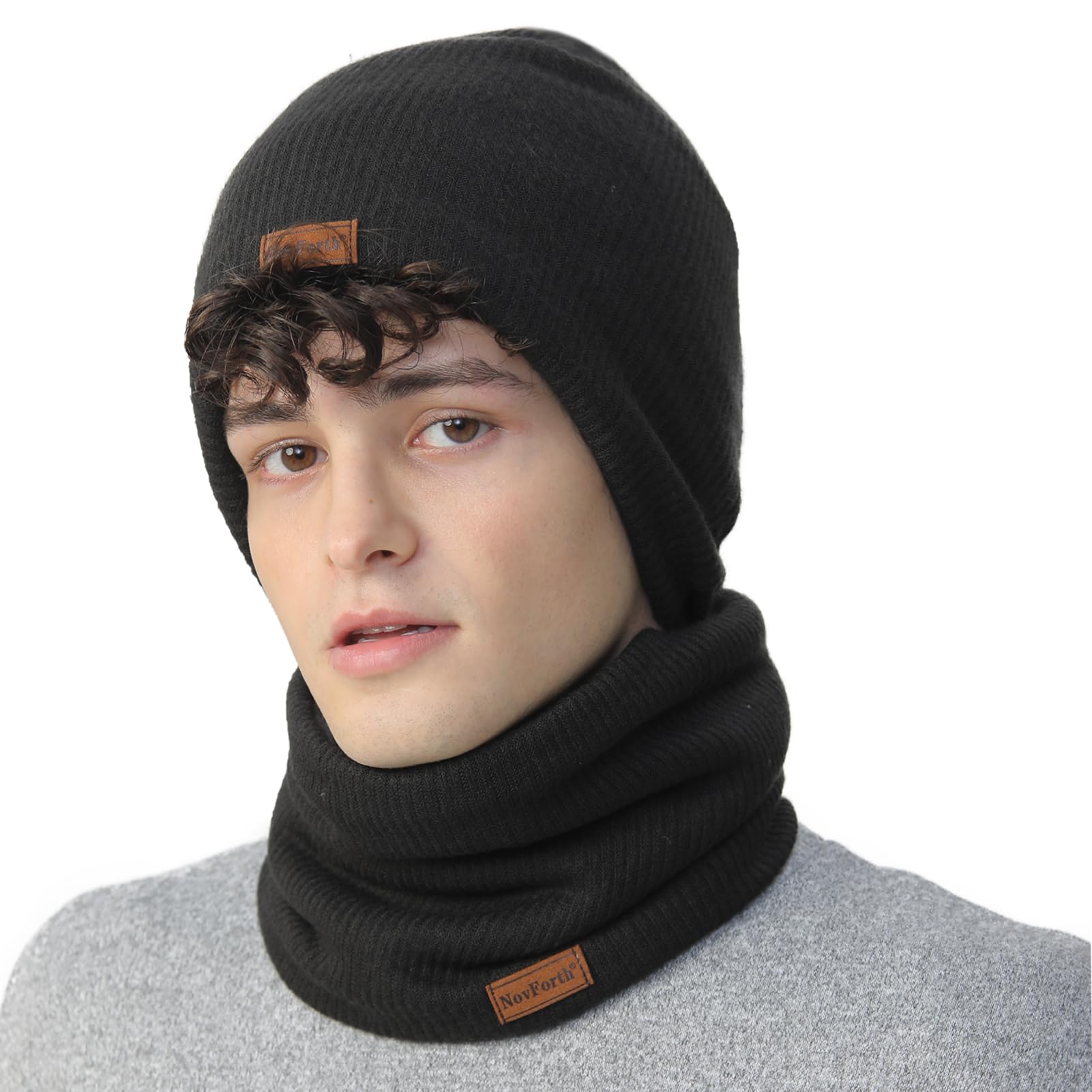 NovForth Ensemble bonnet et cache-cou - Bonnet tricoté et écharpe tubulaire avec polaire - Bonnet d'hiver en laine pour femme, homme, adolescent - Cache-cou pour ski, cyclisme, course, promenade