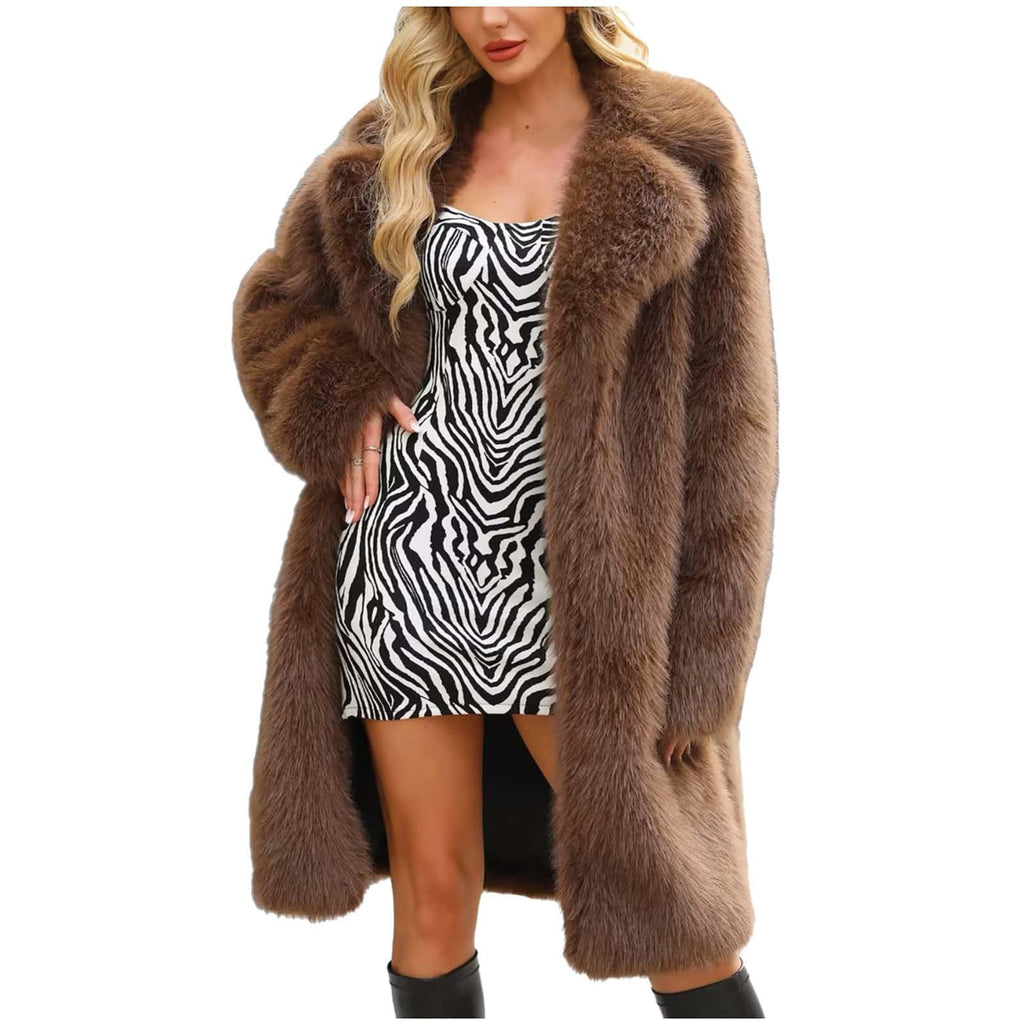 Manteau en fourrure pour femme - Longue veste polaire pour femme - Manteau long en fausse fourrure - Cardigan chaud et épais - Parka d'hiver tendance décontractée - Col à revers épais - Manteau