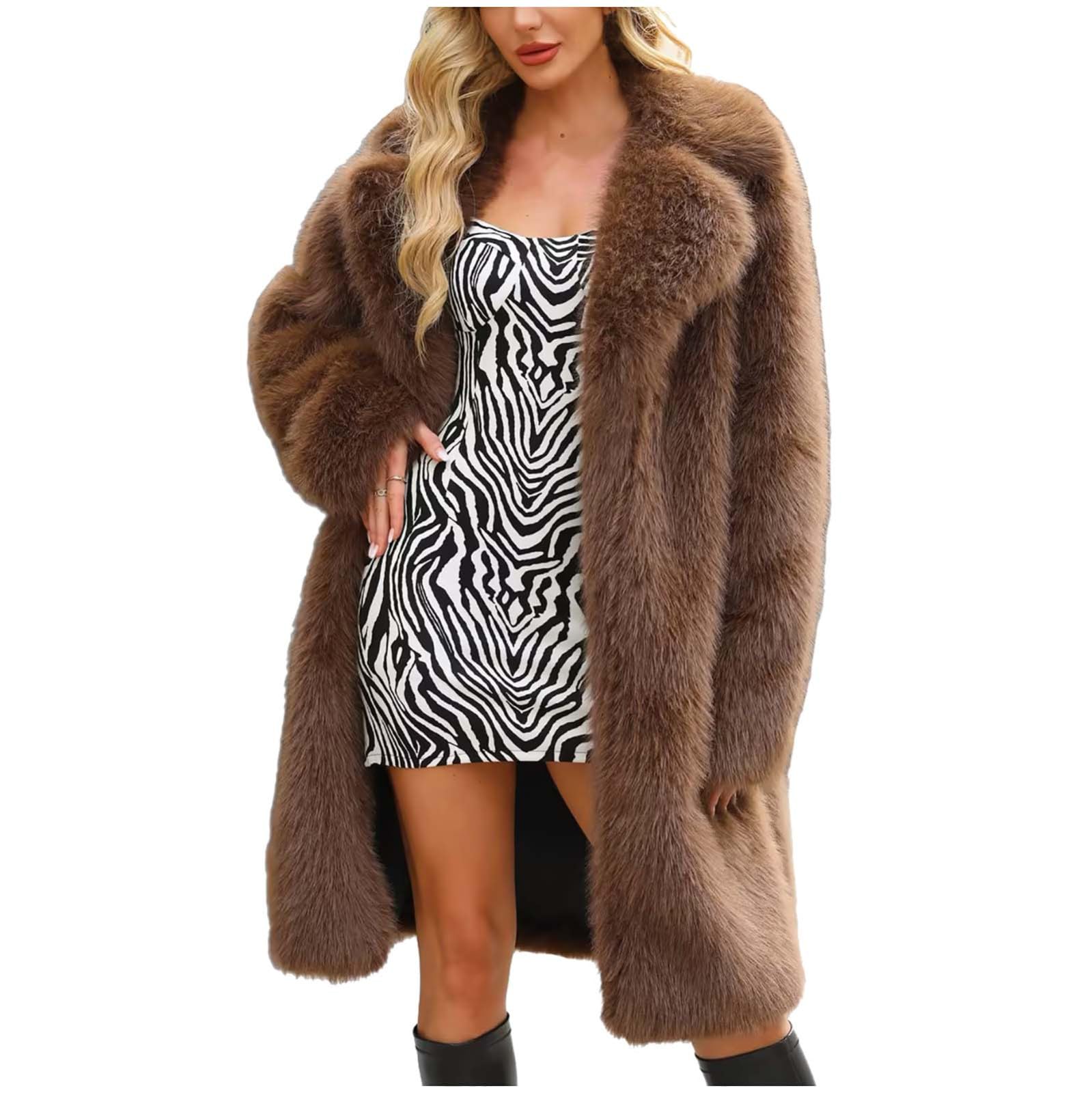 Manteau en fourrure pour femme - Longue veste polaire pour femme - Manteau long en fausse fourrure - Cardigan chaud et épais - Parka d'hiver tendance décontractée - Col à revers épais - Manteau