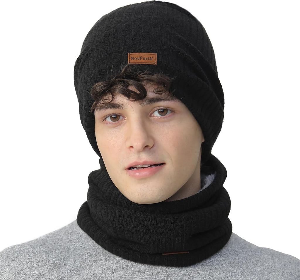 NovForth Ensemble bonnet et cache-cou - Bonnet tricoté et écharpe tubulaire avec polaire - Bonnet d'hiver en laine pour femme, homme, adolescent - Cache-cou pour ski, cyclisme, course, promenade