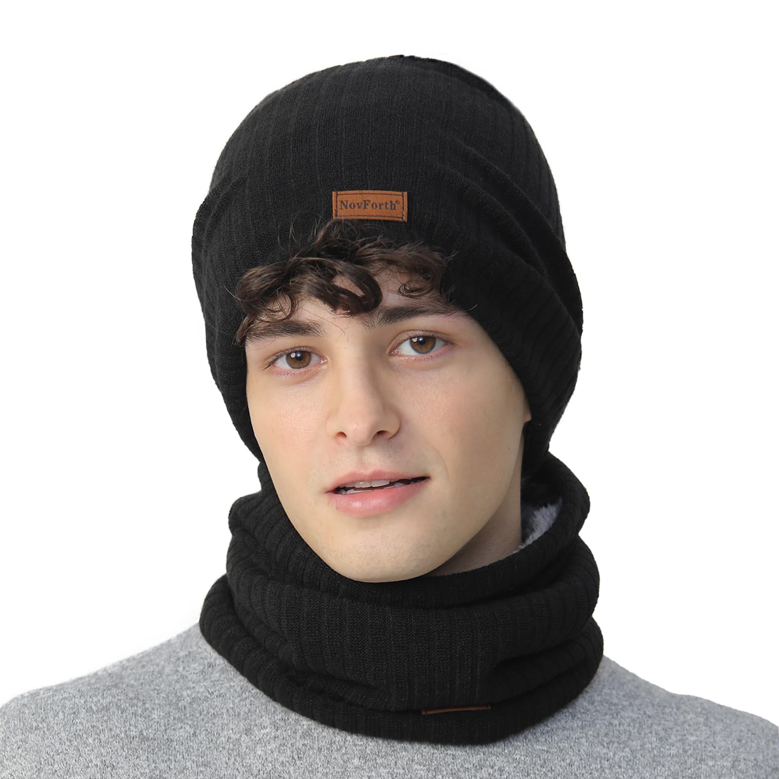 NovForth Ensemble bonnet et cache-cou - Bonnet tricoté et écharpe tubulaire avec polaire - Bonnet d'hiver en laine pour femme, homme, adolescent - Cache-cou pour ski, cyclisme, course, promenade