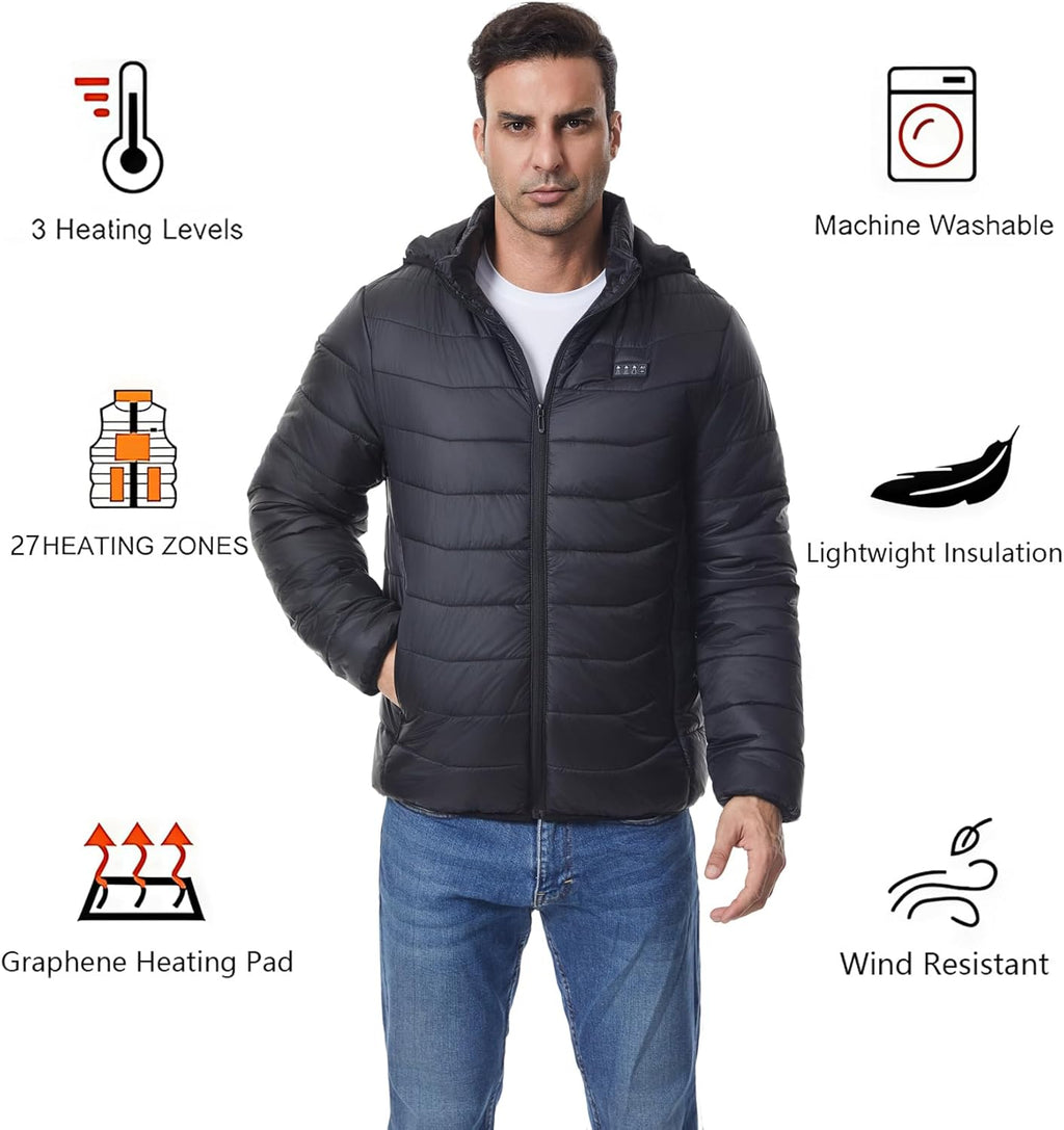 Monave Veste Chauffante Homme Femme Doudoune Chauffante avec 27 Coussins Chauffants en Fibre de Carbone, 3 Niveaux de Température pour Pêche Ski Activités de Plein Air(Pas de batterie incluse)