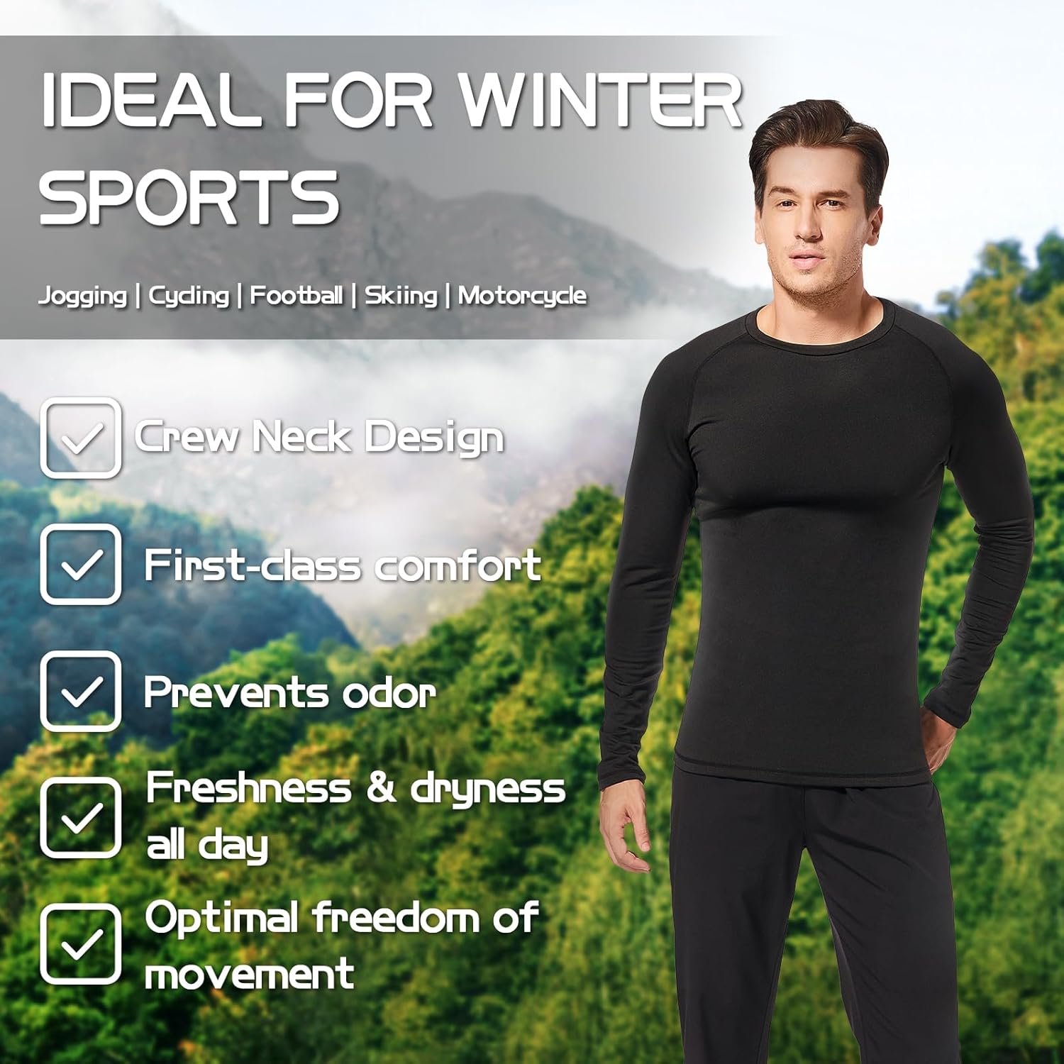 sous Vetement Thermique Homme, Ensemble de sous-Vêtement Ski Grand Froid - Homme à Manches Longues Couche de Base Haut et Pantalon Chaud sous Vetement Hiver pour Ski Moto Sport