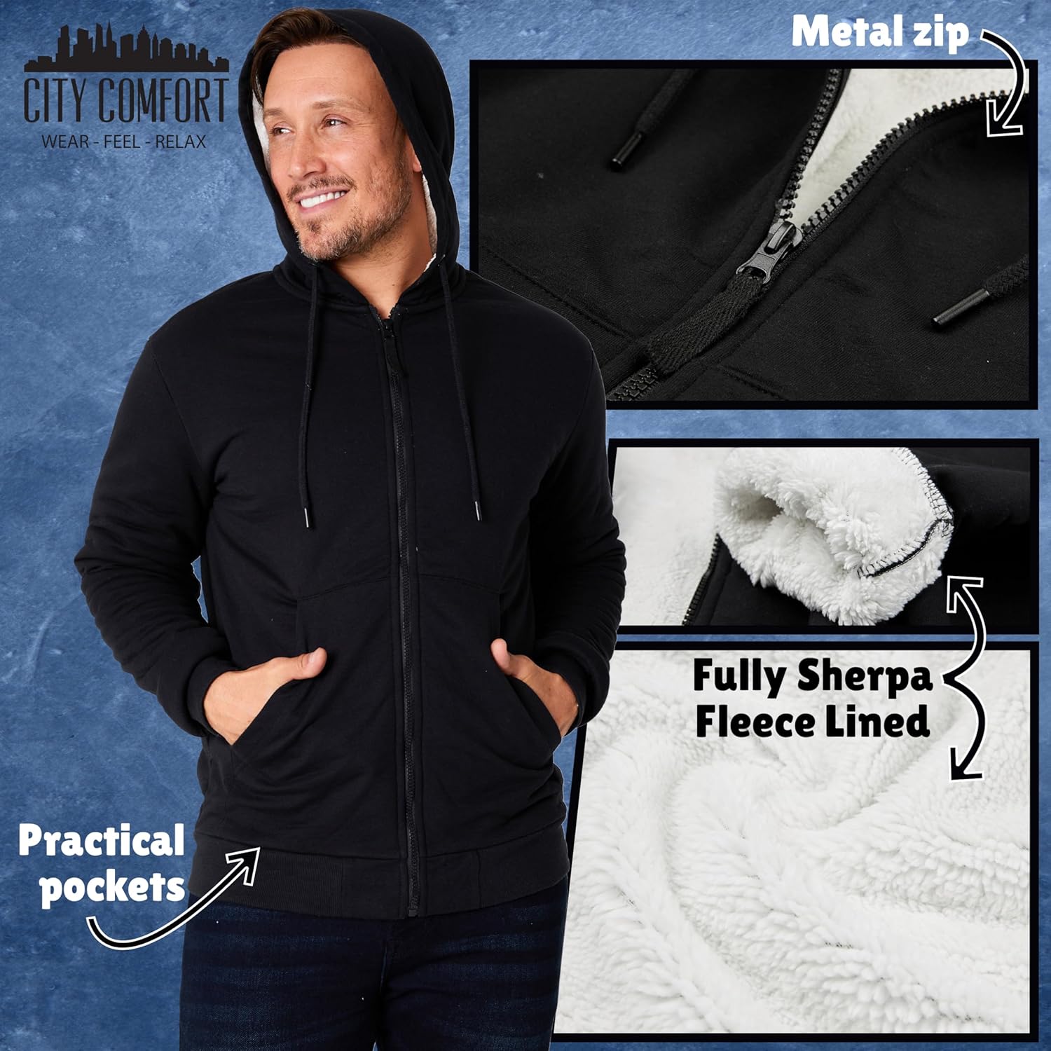 CityComfort Sweat à Capuche Homme Zippé Hoodie Pull Polaire Zippé Veste à Capuche Fourrée Blouson Doublé Vêtement Homme Hiver Chaud Tailles M-XXXL