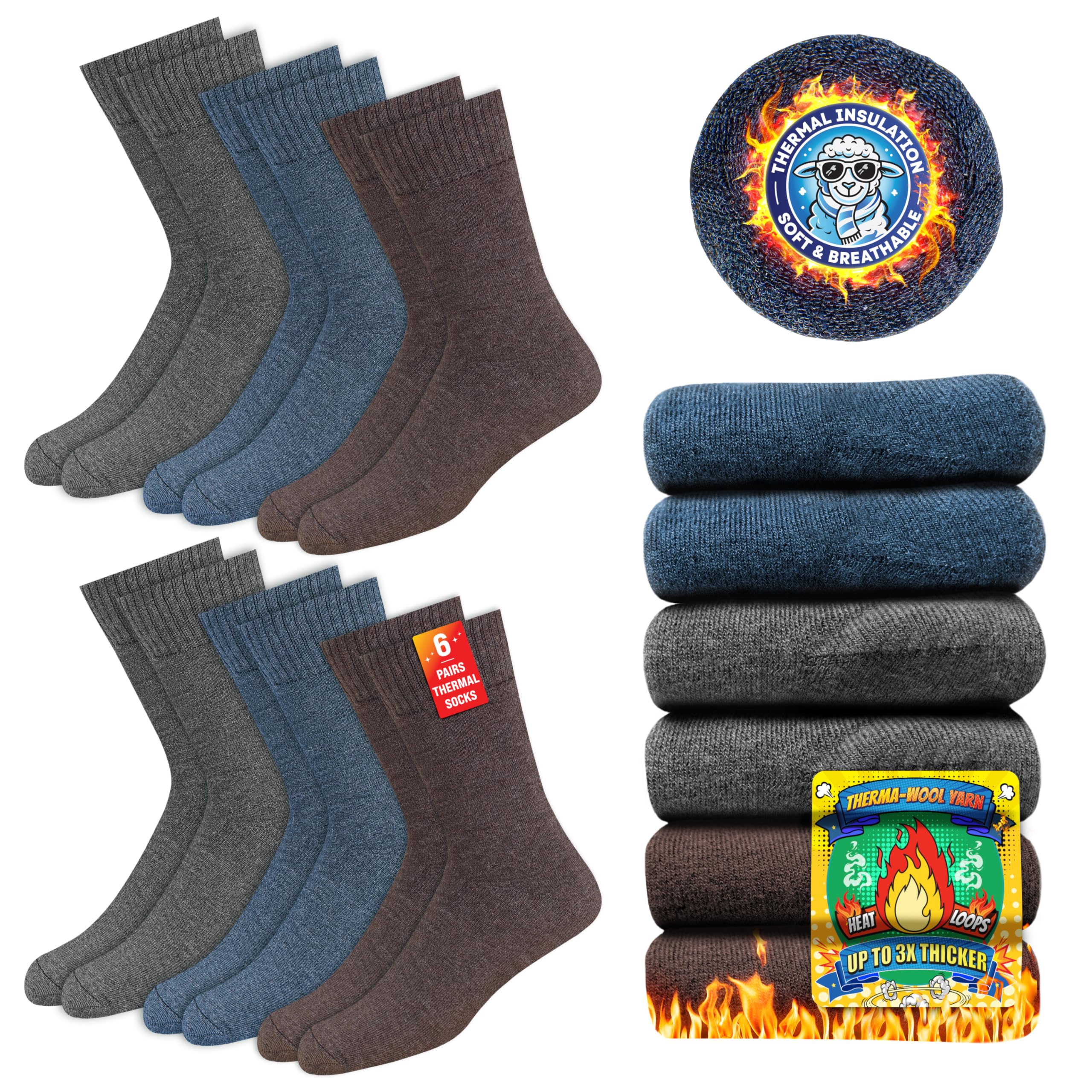 Chaussettes Chaudes pour Hommes et Femmes - Chaussettes d’Hiver Thermiques, Lot de 6 Paires