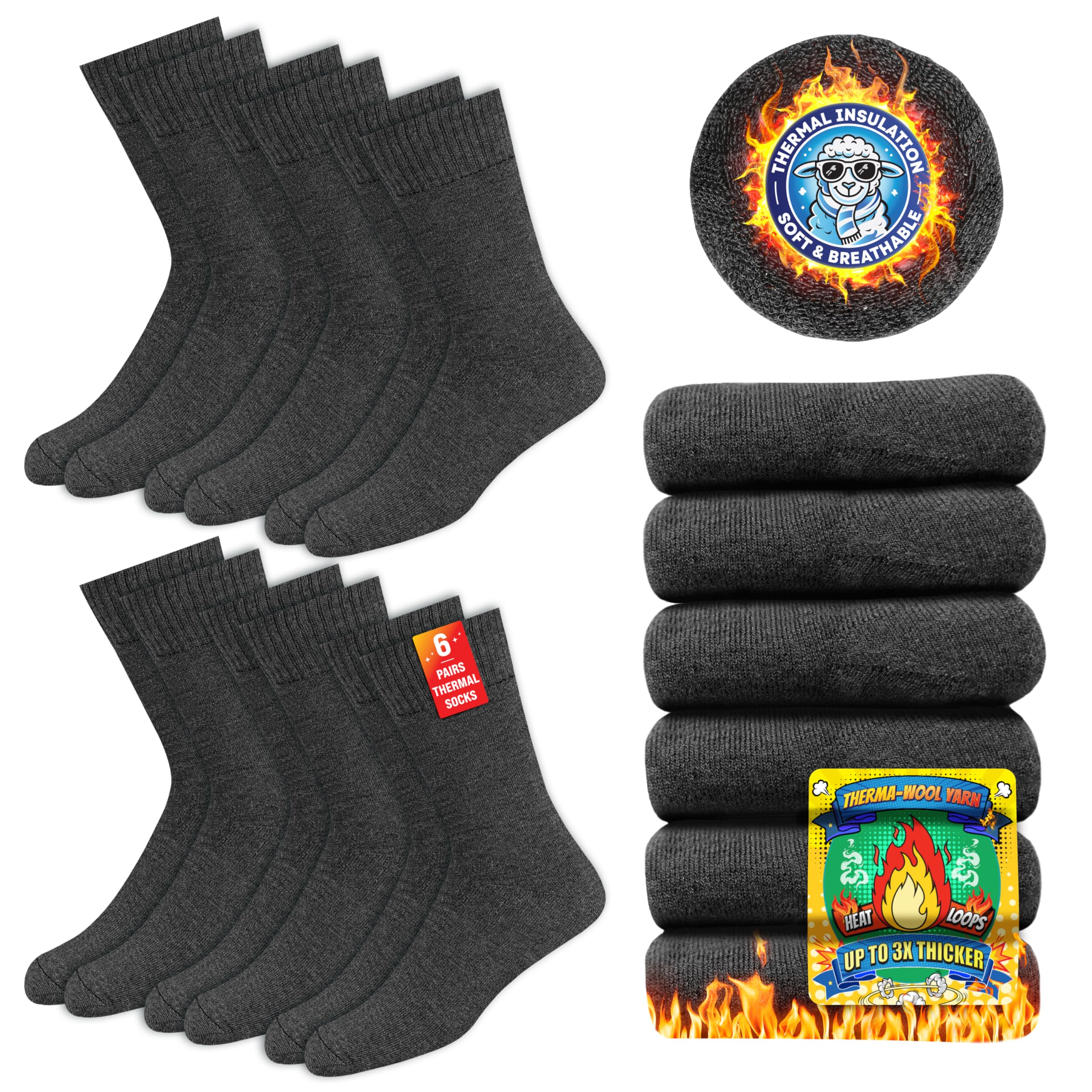 Chaussettes Chaudes pour Hommes et Femmes - Chaussettes d’Hiver Thermiques, Lot de 6 Paires