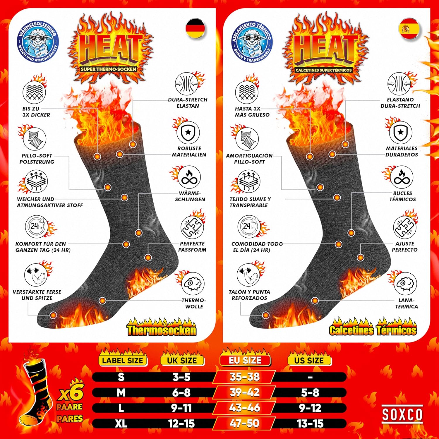 Chaussettes Chaudes pour Hommes et Femmes - Chaussettes d’Hiver Thermiques, Lot de 6 Paires